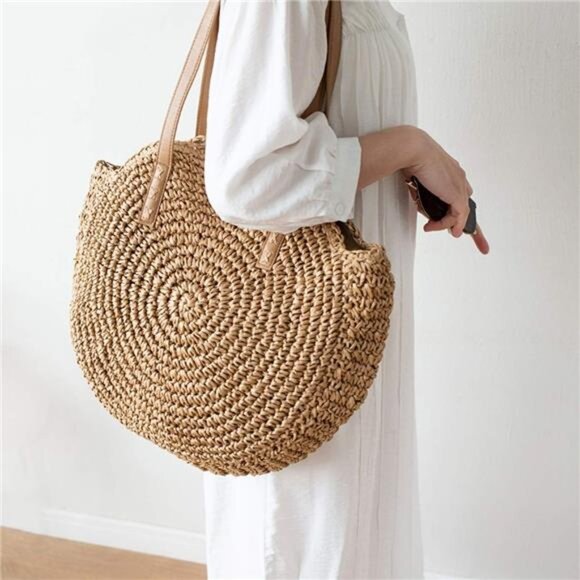 Straw Handbags Women Handwoven Round Corn Straw Bags Natural Chic Hand Large - Picture 4 of 7